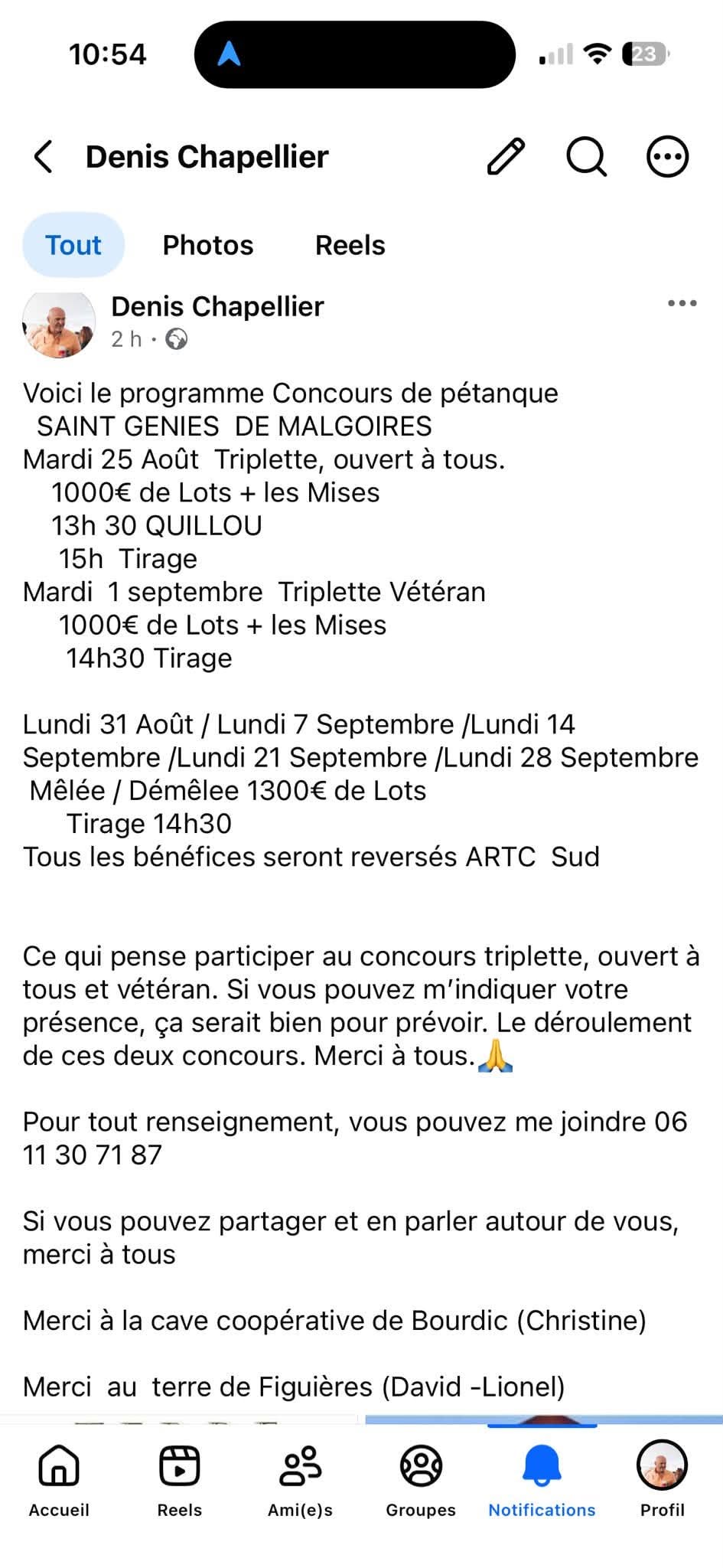 Programme de la pétanque à Saint Genies de Malgloire